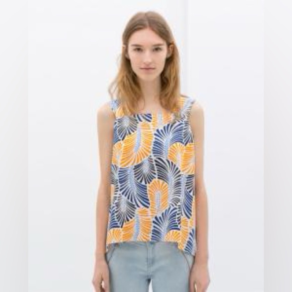 Zara Basic Retro Vintage Style Orange Palm / Fern Leaf Print Tank Top Size Small